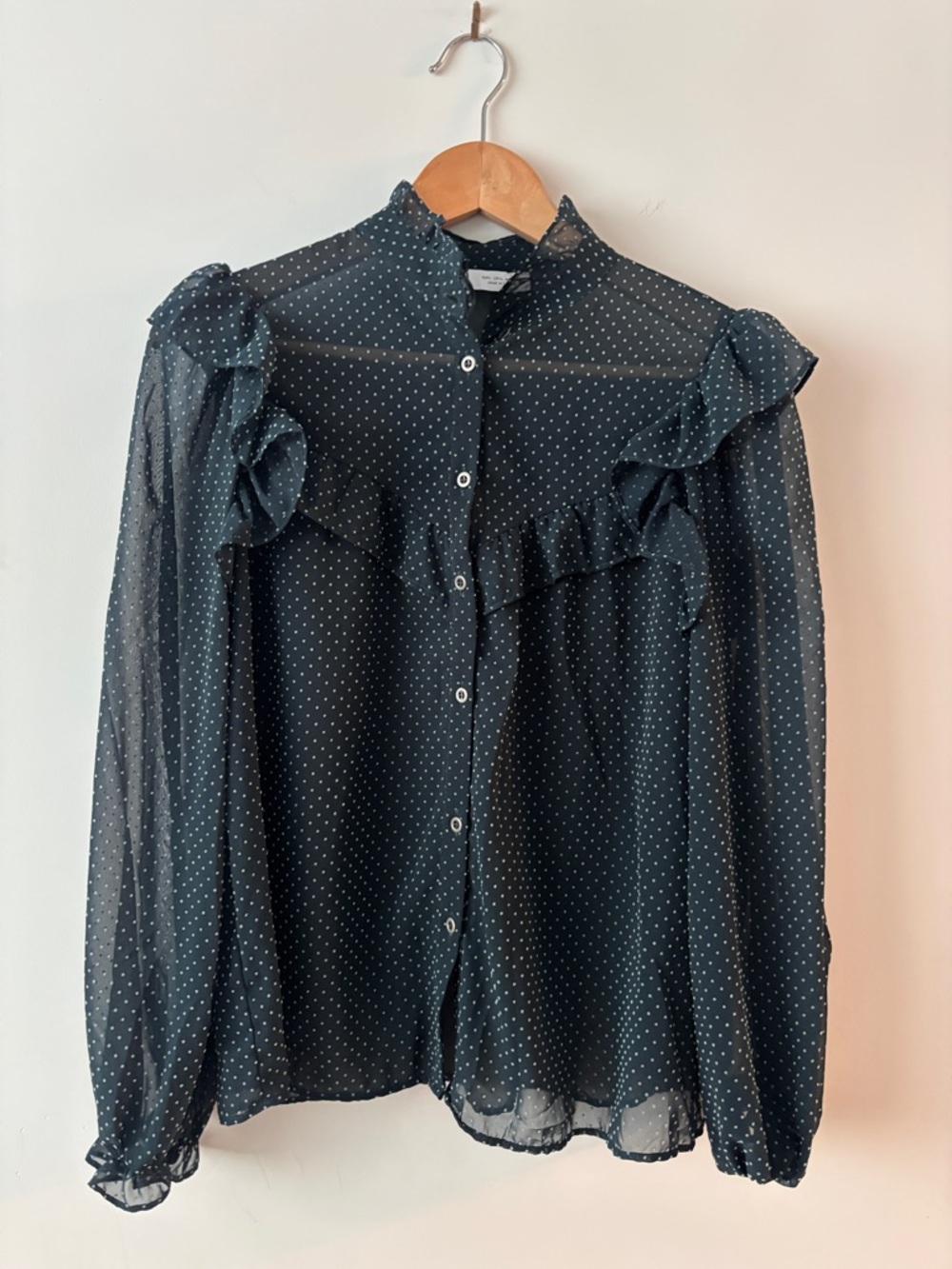 Zara dark green Sheer Polka Dot Ruffle Blouse